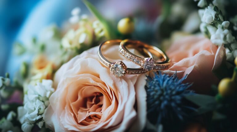 A pair of gold diamond wedding rings placed on a delicate peach rose, surrounded by a floral arrangement