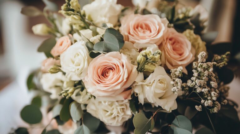A close-up of a delicate wedding bouquet with soft pink and white roses, accented with greenery and baby's breath